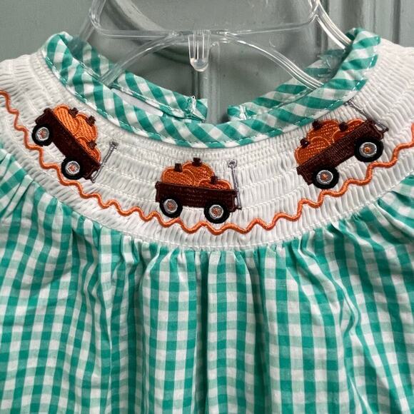 Boutique Smocked Gingham One Piece Romper Girls 18 Months Fall Pumpkins - Picture 2 of 6